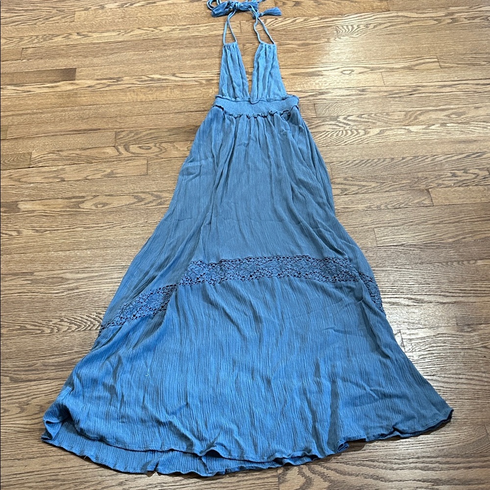Forever 21 Blue Halter Lace-Trim Maxi Dress
